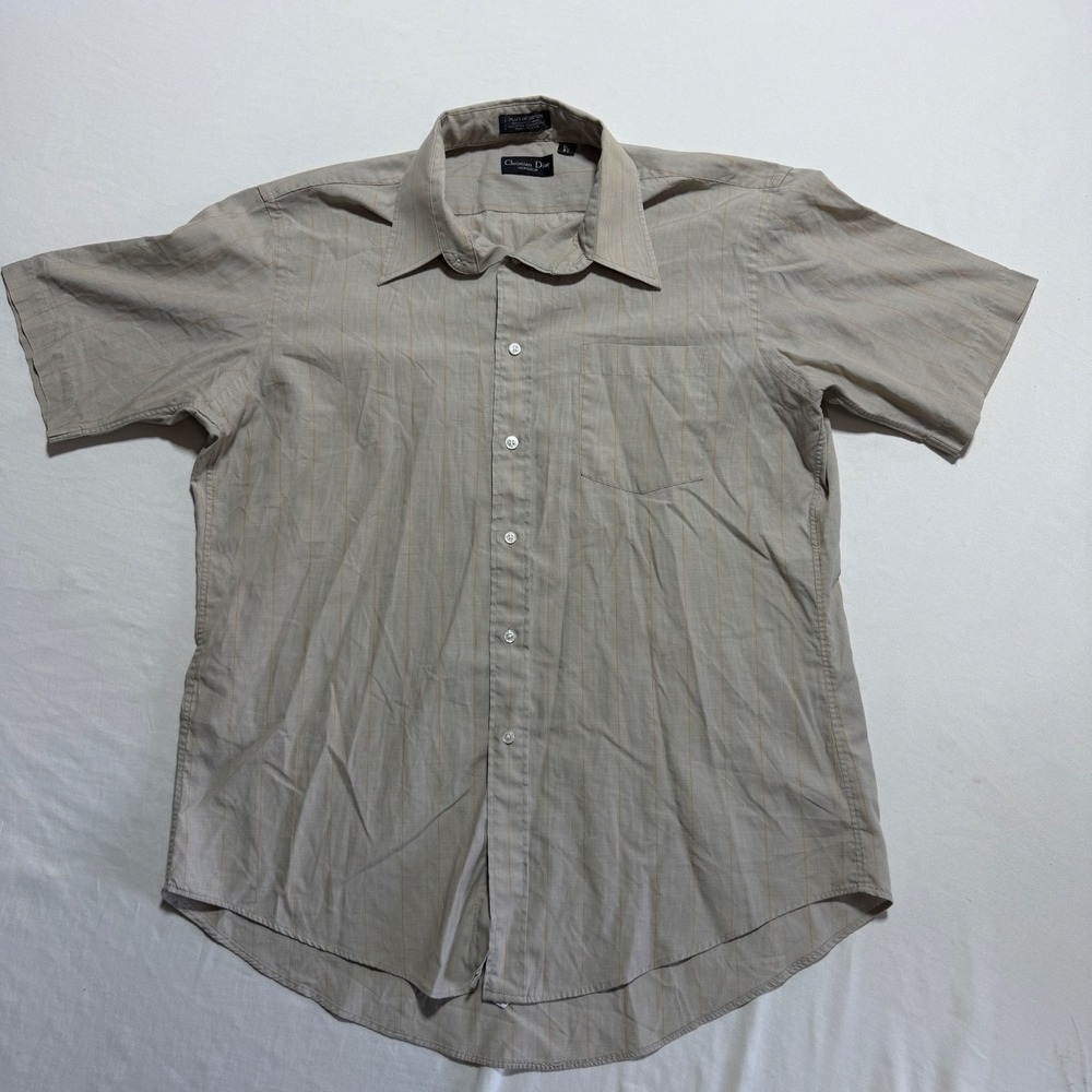 Christian Dior Monsieur 80s Vintage Shirt Mens 16.5 Tan Pinstripe Short Sleeve